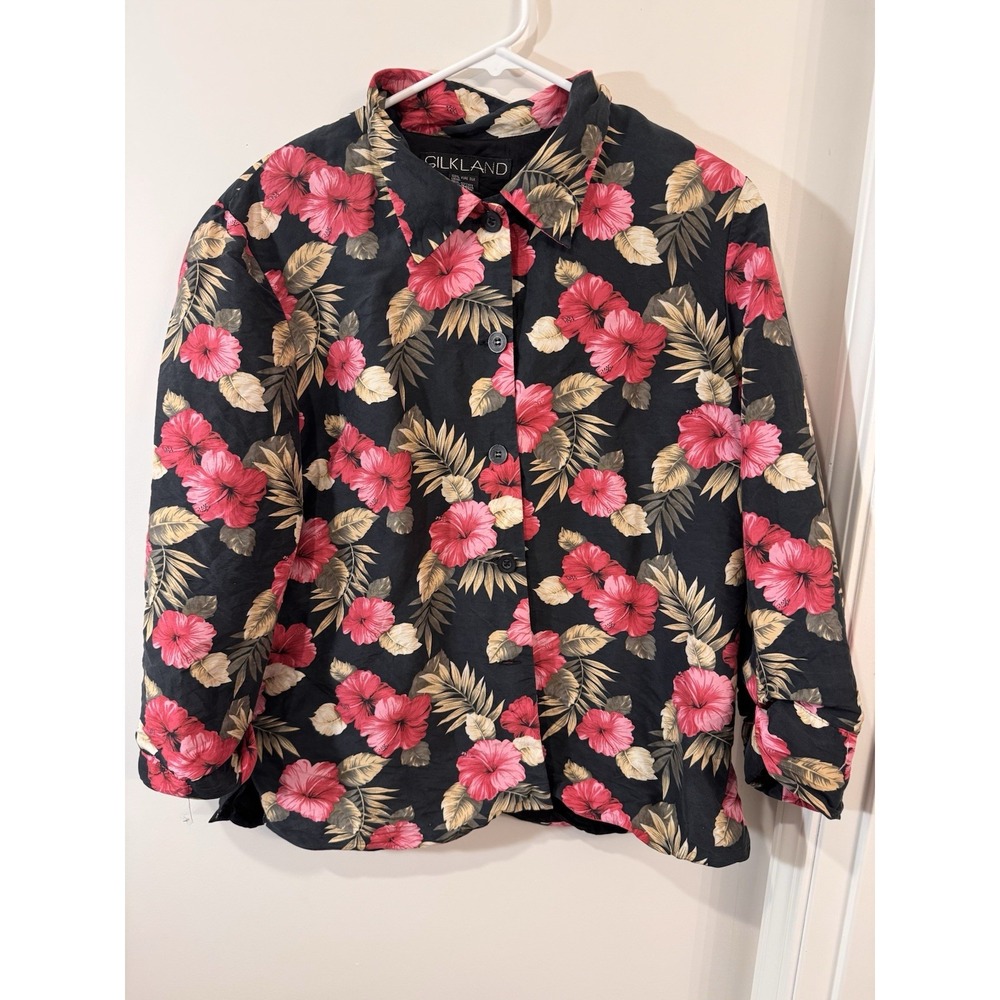 Silk Land Silk Floral Jacket 14 Women's Button Up Lined Pink Black Tropical‎